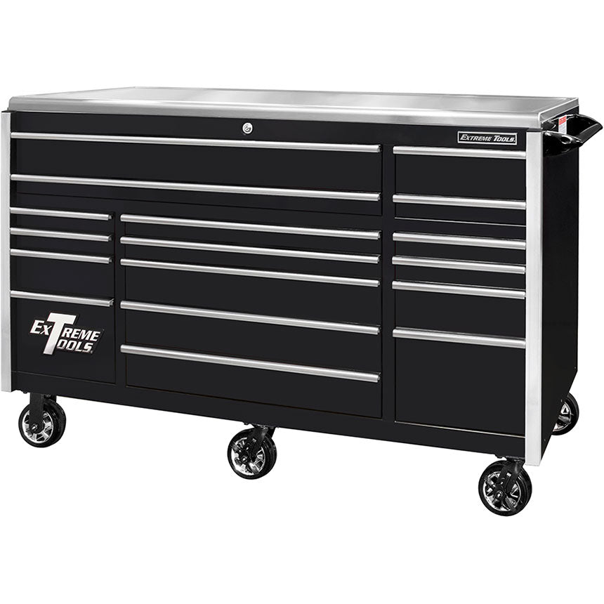 Extreme Tools® EXQ Series 72x31 17-Drawer Triple Bank Pro Roller Cabinet 300lb Slides EX Quick Rel Drawer Pulls