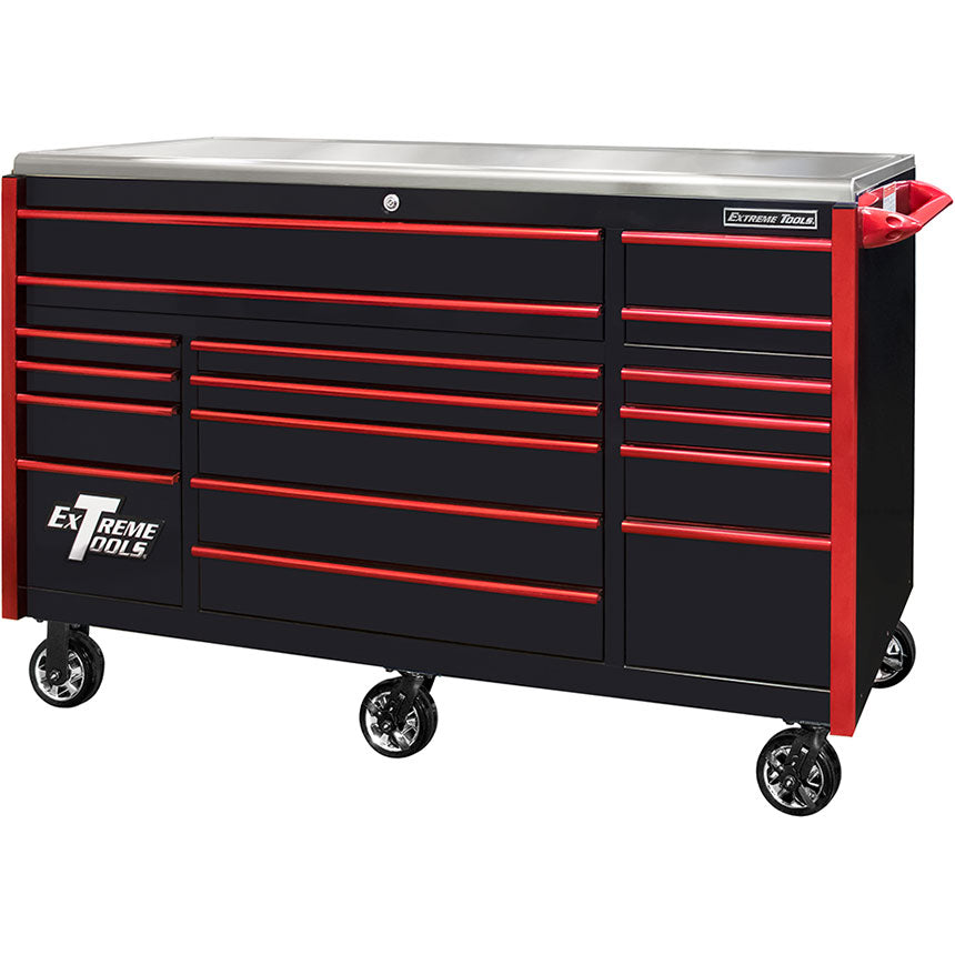 Extreme Tools® EXQ Series 72x31 17-Drawer Triple Bank Pro Roller Cabinet 300lb Slides EX Quick Rel Drawer Pulls