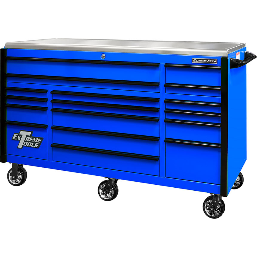 Extreme Tools® EXQ Series 72x31 17-Drawer Triple Bank Pro Roller Cabinet 300lb Slides EX Quick Rel Drawer Pulls