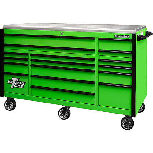 Extreme Tools® EXQ Series 72x31 17-Drawer Triple Bank Pro Roller Cabinet 300lb Slides EX Quick Rel Drawer Pulls