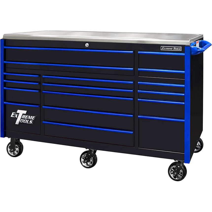 Extreme Tools® EXQ Series 72x31 17-Drawer Triple Bank Pro Roller Cabinet 300lb Slides EX Quick Rel Drawer Pulls