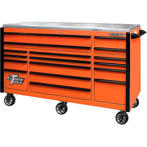 Extreme Tools® EXQ Series 72x31 17-Drawer Triple Bank Pro Roller Cabinet 300lb Slides EX Quick Rel Drawer Pulls