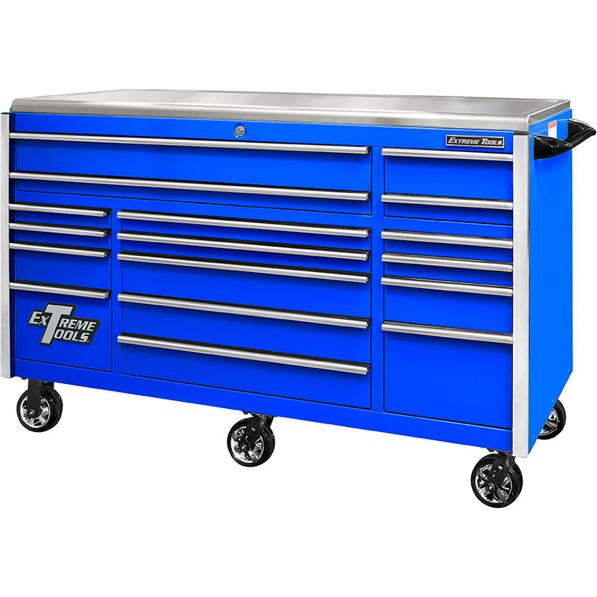 Extreme Tools® EXQ Series 72x31 17-Drawer Triple Bank Pro Roller Cabinet 300lb Slides EX Quick Rel Drawer Pulls