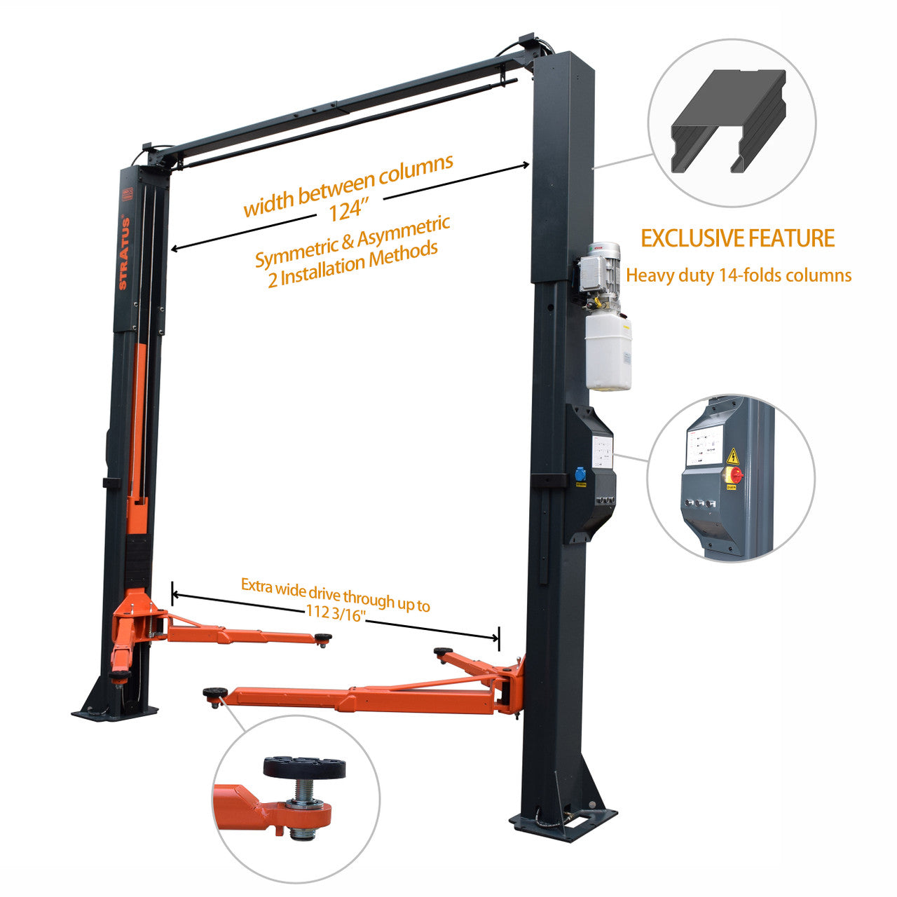 Stratus SAE-C10XE Extra Wide Asymmetric & Symmetric 2-in-1 Clear Floor Direct Drive 10,000 LBS Capacity Electric Safety Lock Release Car Lift