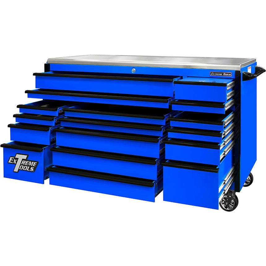Extreme Tools® EXQ Series 72x31 17-Drawer Triple Bank Pro Roller Cabinet 300lb Slides EX Quick Rel Drawer Pulls