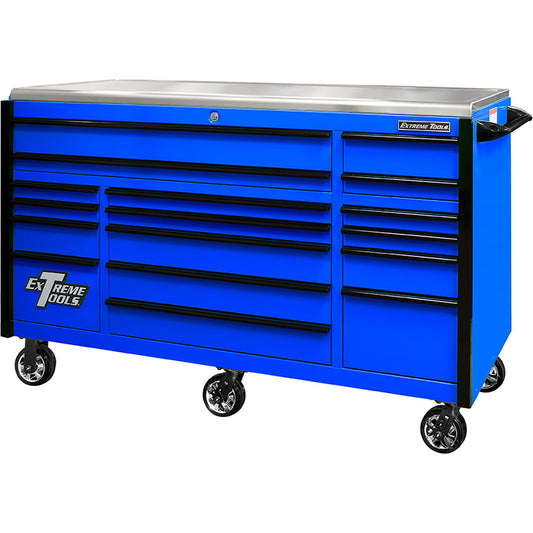 Extreme Tools® EXQ Series 72x31 17-Drawer Triple Bank Pro Roller Cabinet 300lb Slides EX Quick Rel Drawer Pulls