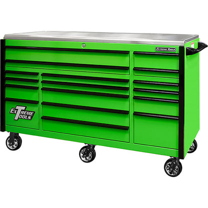 Extreme Tools® EXQ Series 72x31 17-Drawer Triple Bank Pro Roller Cabinet 300lb Slides EX Quick Rel Drawer Pulls