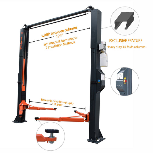 Stratus SAE-C10XE Extra Wide Asymmetric & Symmetric 2-in-1 Clear Floor Direct Drive 10,000 LBS Capacity Electric Safety Lock Release Car Lift