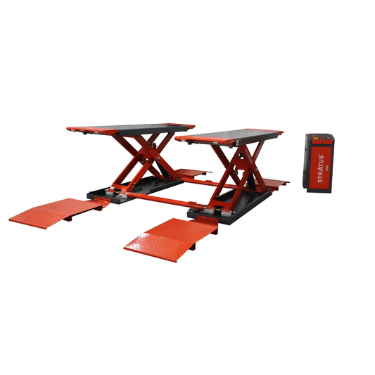 Stratus SAE-MS10000P Extra Wide Extra Tall Commercial Grade 10,000 LBS Open Center Mobile Mid Rise Pneumatic Safety Lock Release Scissor Vehicle Lift 110V